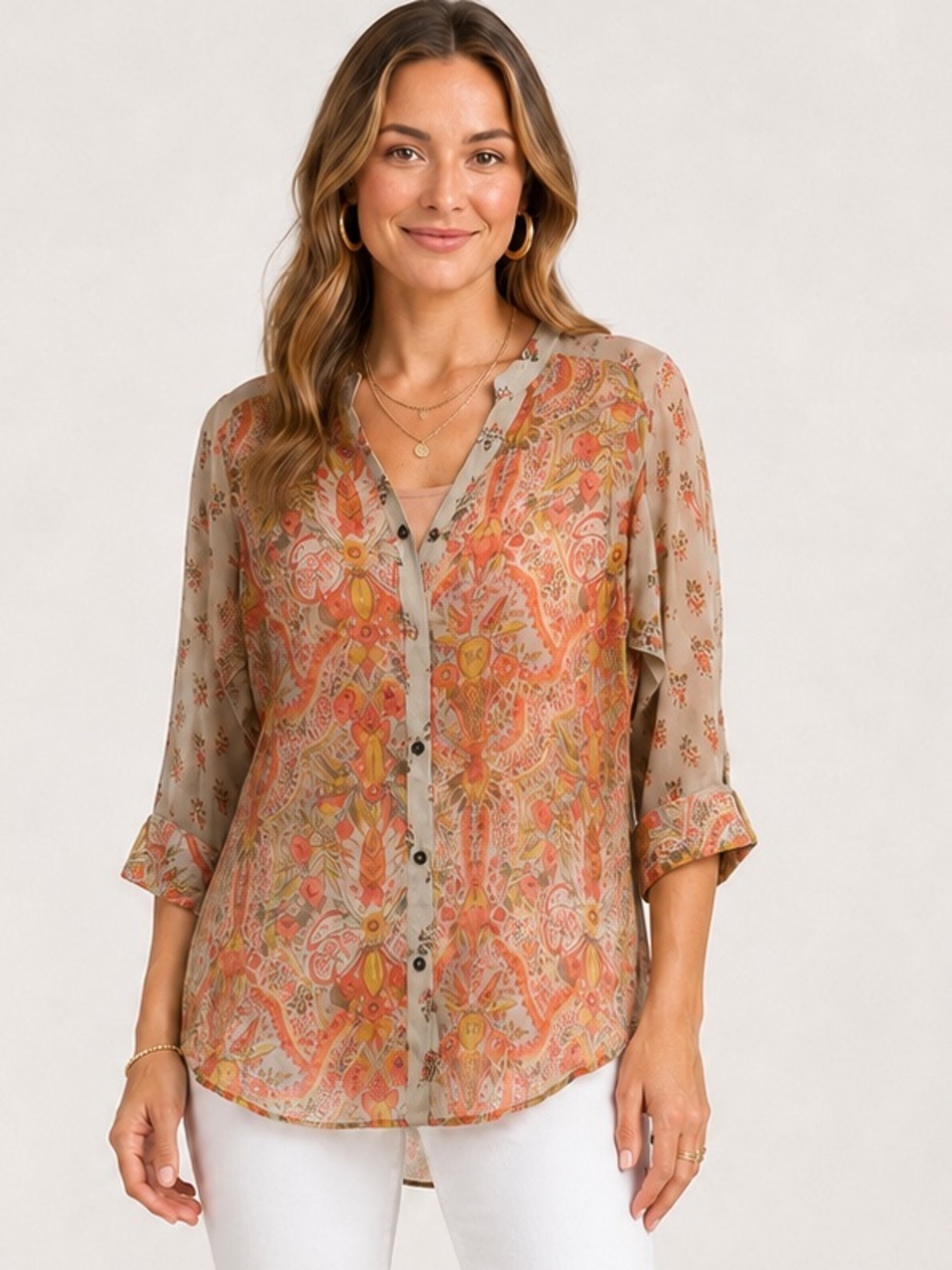 Parsley & Sage Tan and Orange Paisley Button-Front Blouse